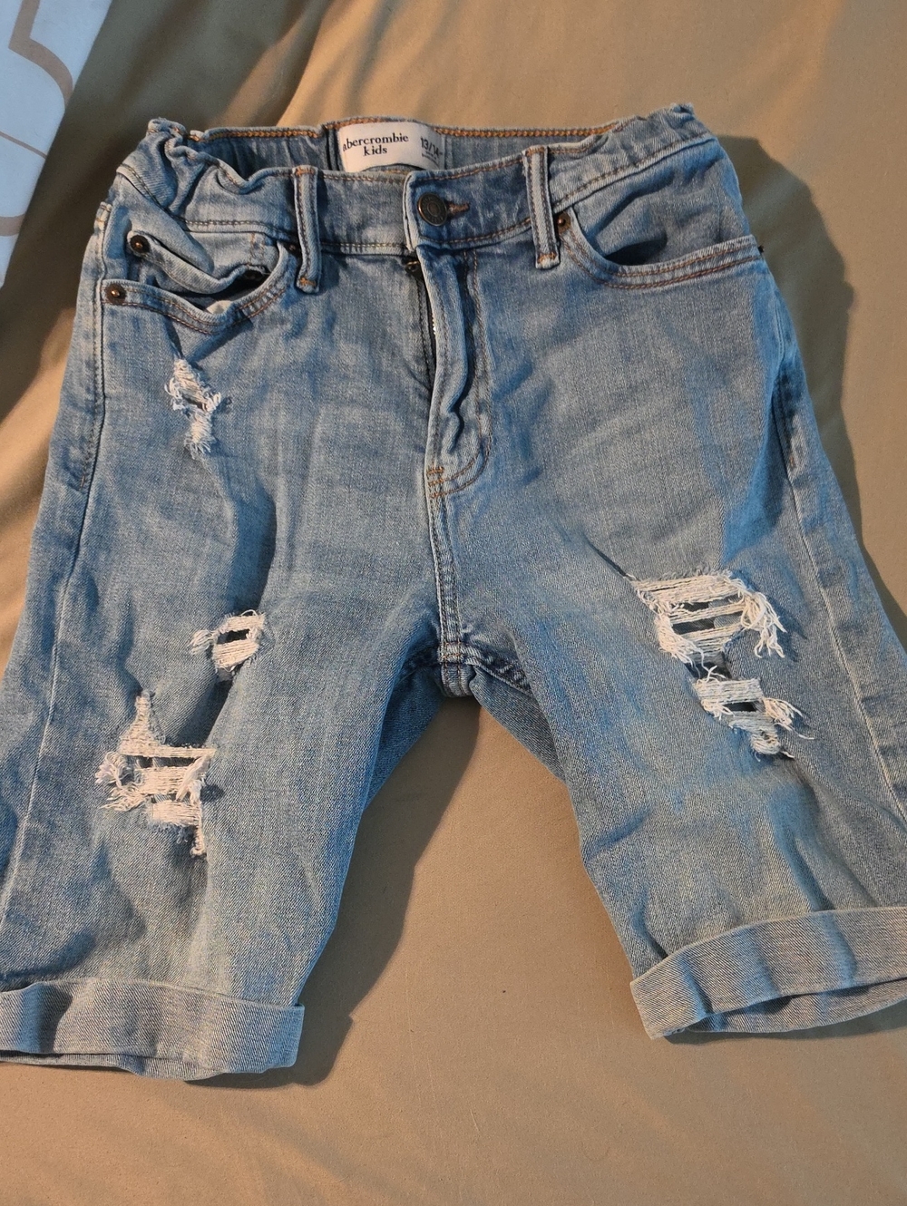 abercrombie kids light blue distressed denim rolled-hem shorts